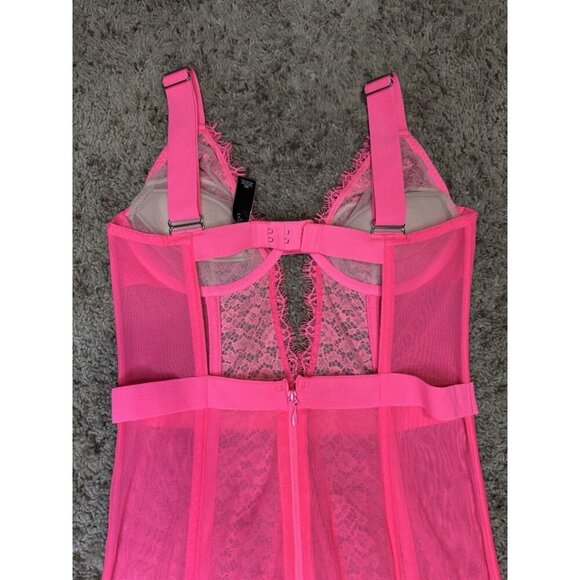 VICTORIA’S SECRET Neon Hot Pink Lace Garter Slip Corset Sexy Feminine Club 36C - Picture 6 of 7